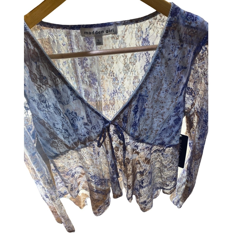 Madden Girl Blue Floral Lace Sheer V-Neck Tie Front Handkerchief Hem Top L NWT - Picture 6 of 11